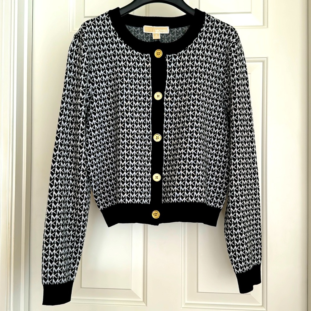 Michael Kors Sweater Top Size M Black White Gold Buttons Long Sleeves MK Brand